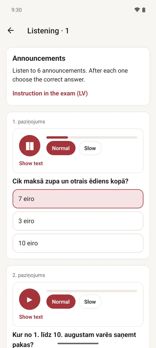 A listening task: hear an announcement and pick the answer